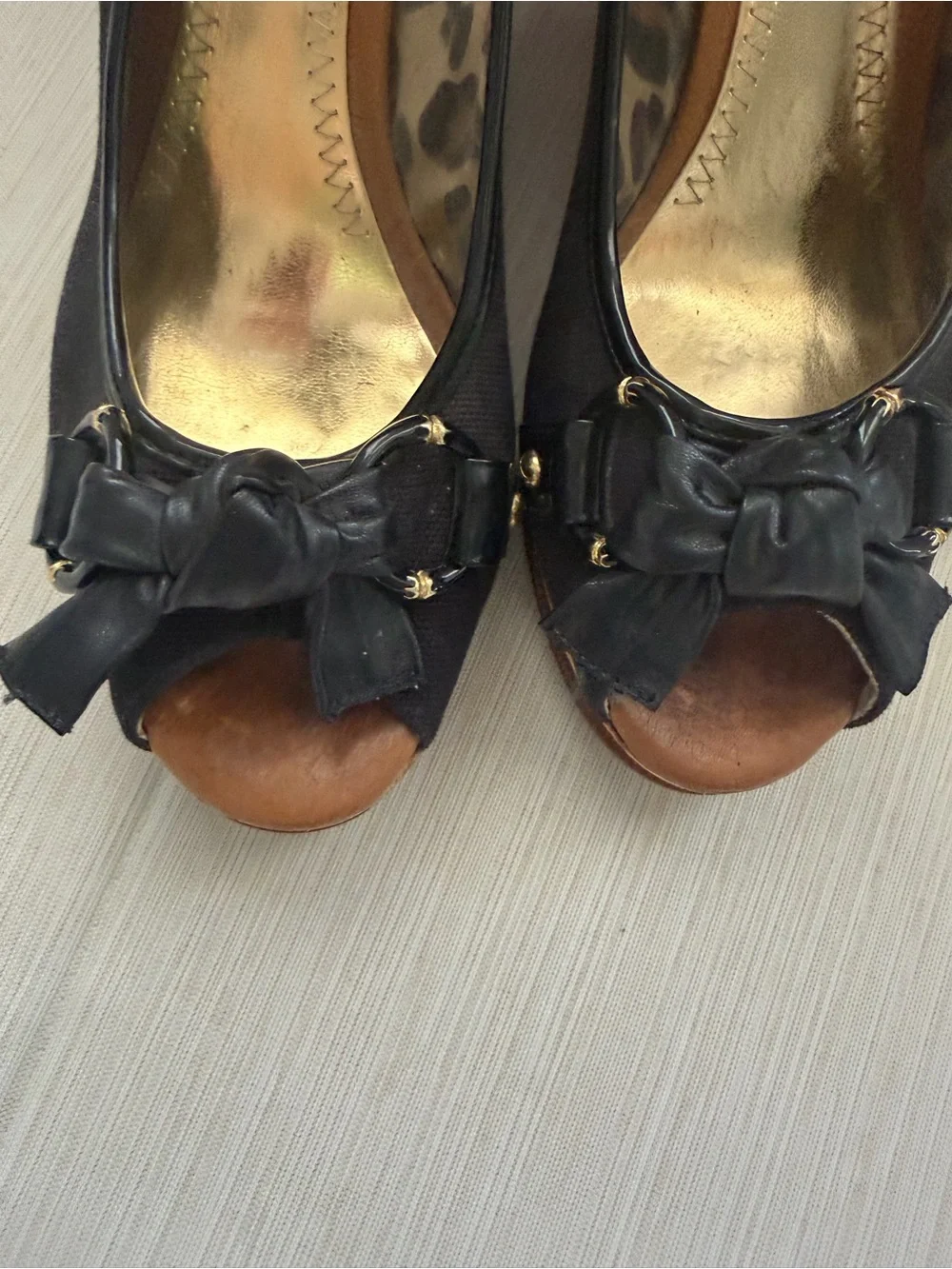 Sperry Top-Sider Black Peep-Toe Bow Cork Wedge Heels | 8.5